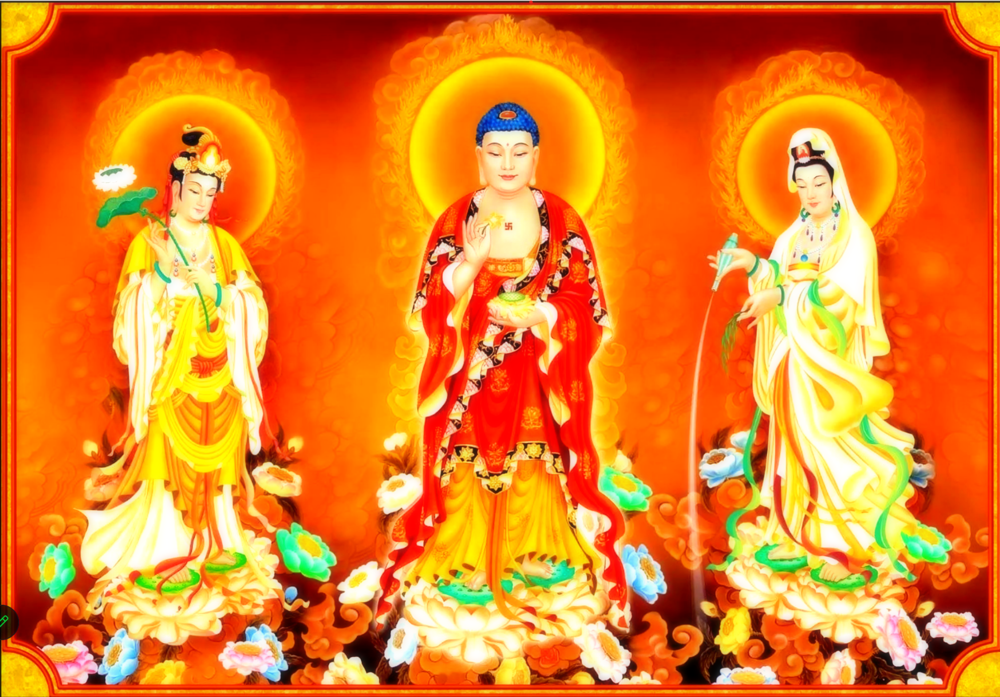 Western Pure Land’s Three Saints – Amitabha, Guanyin, Mahasthamaprapta Western Pure Land’s Three Saints (西方三圣) – Amitabha Buddha, Avalokiteshvara (Guanyin), and Mahasthamaprapta standing on lotus pedestals, radiating divine light to inspire daily Buddha recitation and devotion for Pure Land rebirth.