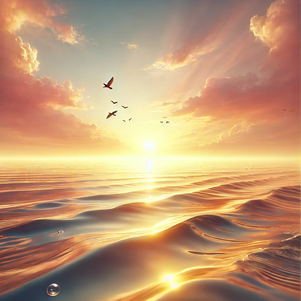 Golden ocean sunset with birds in flight, symbolizing peace, clarity, and the calming power of Nianfo practice in Pure Land Buddhism.