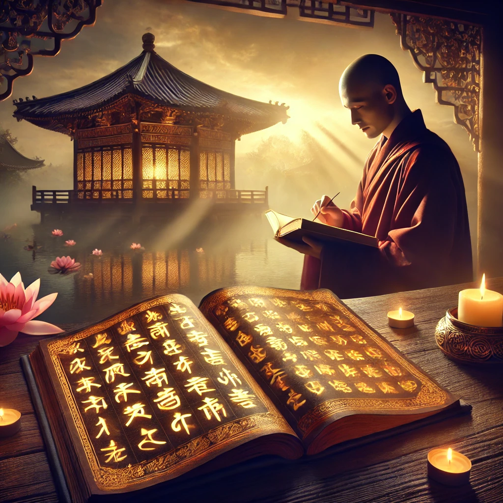'Buddhist Dictionary.' The image features an ancient manuscript with golden Sanskrit and Chi