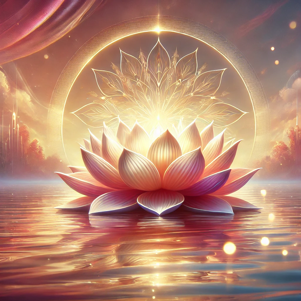 A luminous lotus floating on tranquil waters, radiating divine light, symbolizing wisdom, self-cultivation, and the journey to enlightenment in Buddhism.