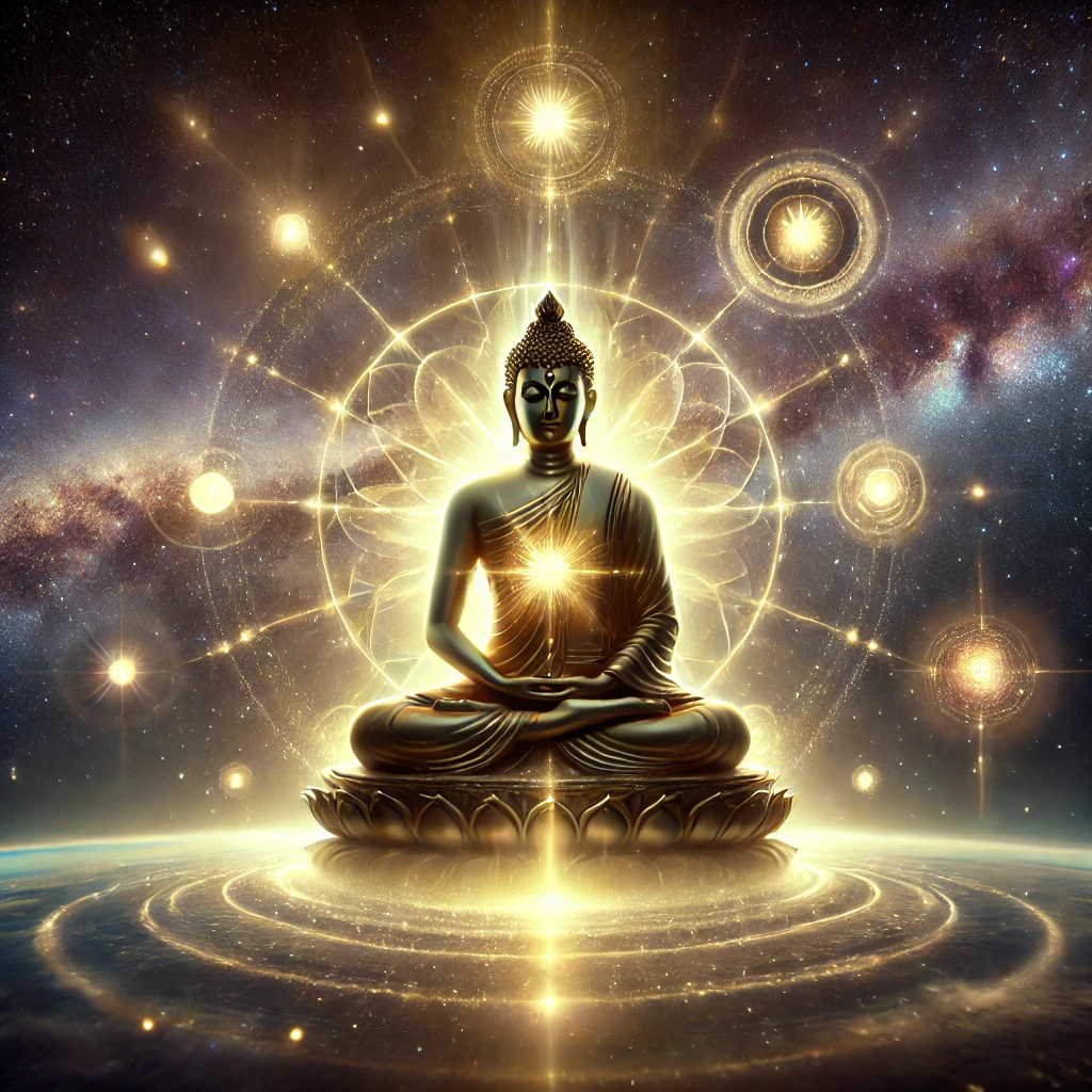 A meditating Buddha radiating golden light, surrounded by six glowing orbs symbolizing the Six Spiritual Abilities, with a cosmic universe in the background.