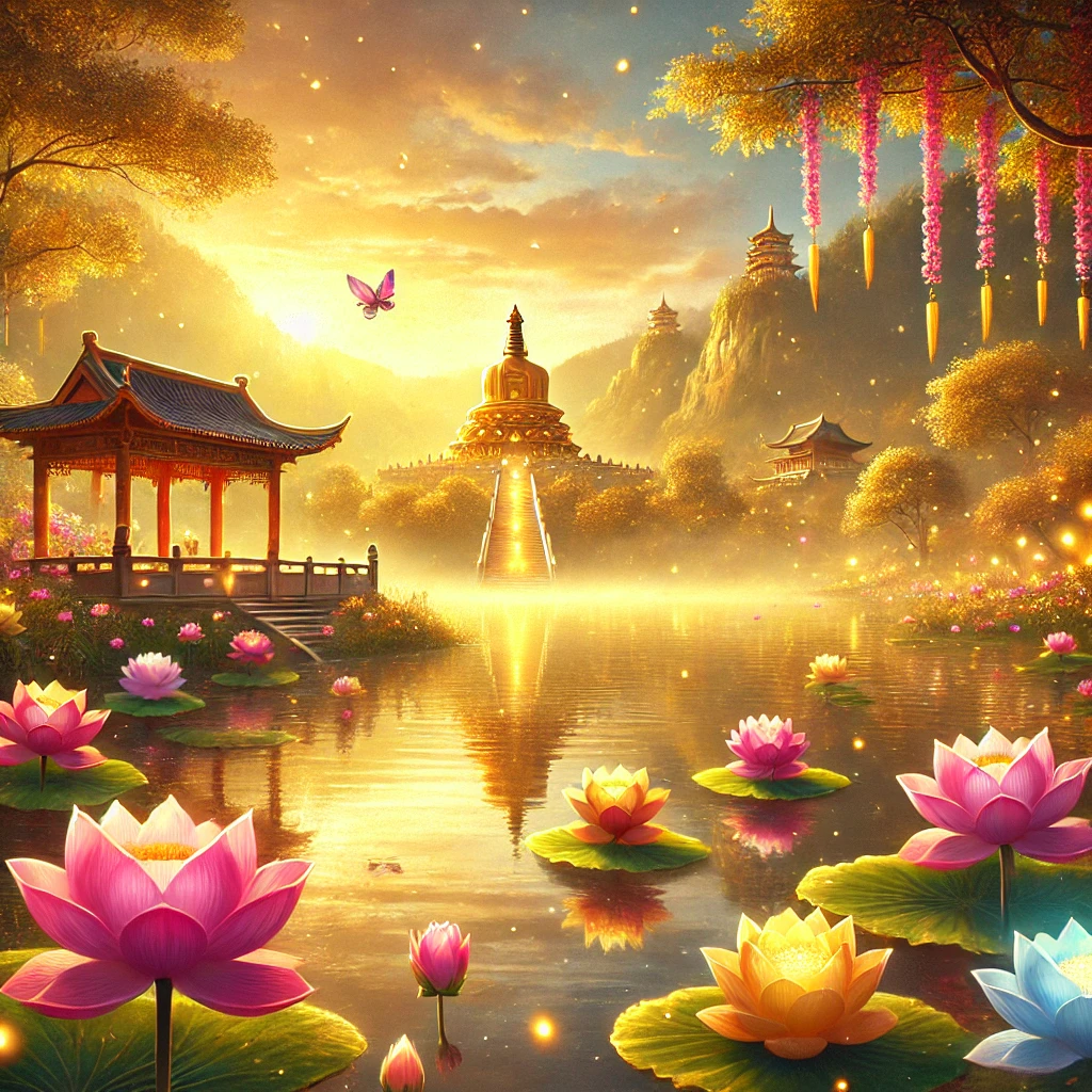 A serene digital painting of a Pure Land landscape, symbolizing the Ten Recitations Method (十念法), with a lotus pond, glowing path, falling multicolored flowers, and a devotee in Buddha Recitation.