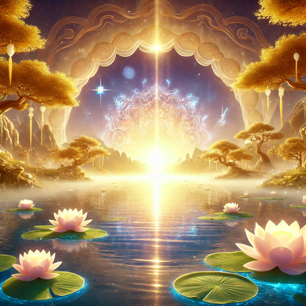 Western Pure Land (西方极乐世界), featuring glowing lotus ponds, radiant golden trees, and divine light streaming