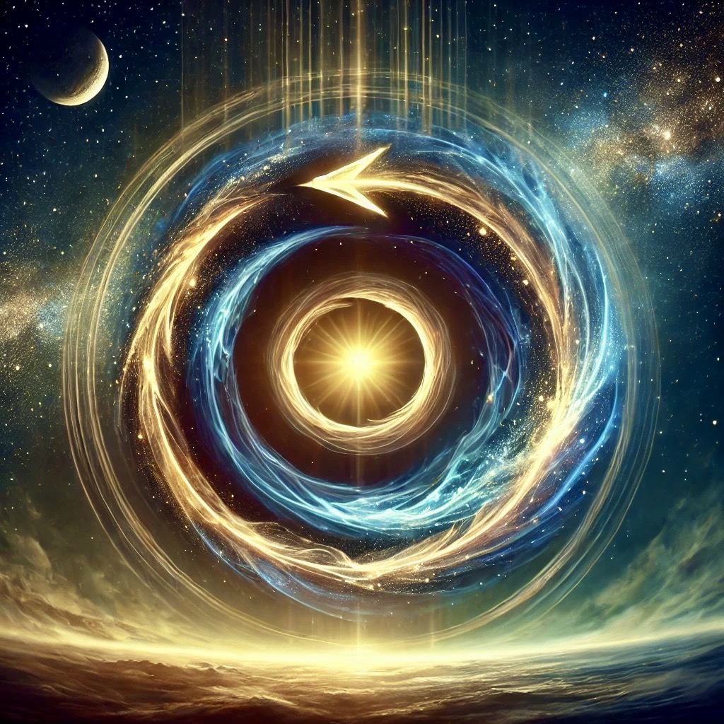 A cosmic vortex of swirling golden and blue energy, symbolizing the cycle of samsara, karma, and the hidden truths of existence, leading toward enlightenment.