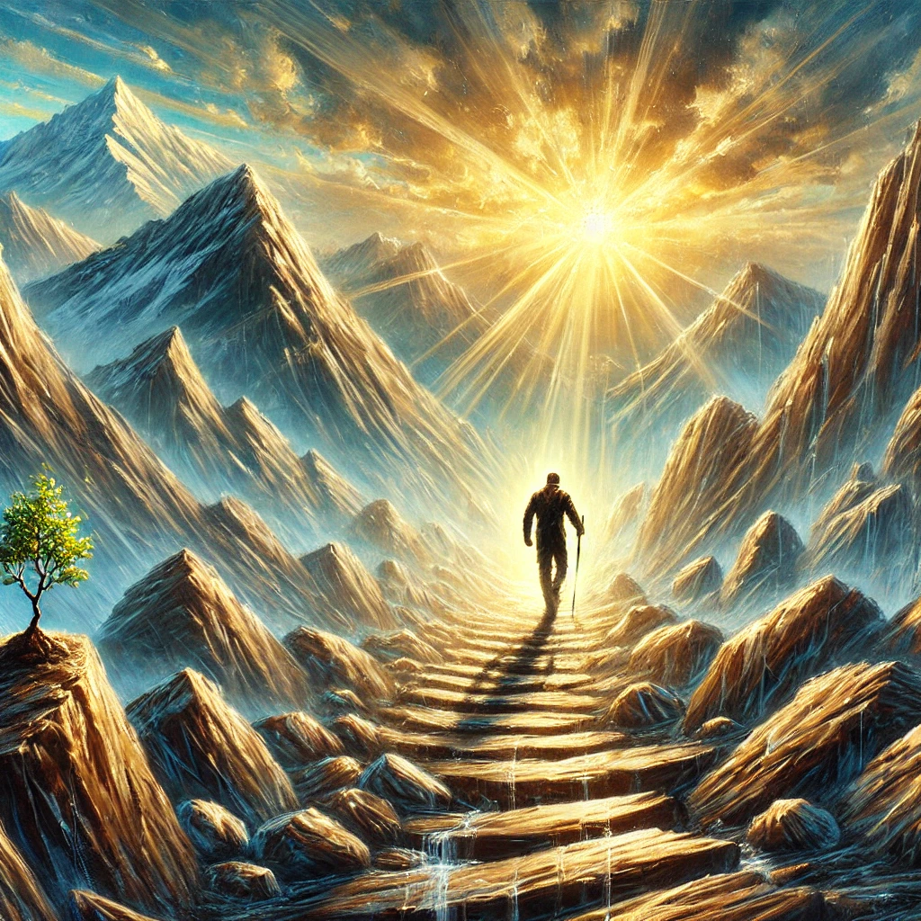 resilience and self-discipline. It features a determined figure walking a difficult path, surrounded by obstacles, yet illuminated by golden light, symbolizing wisdom, perseverance, and inner strength.
