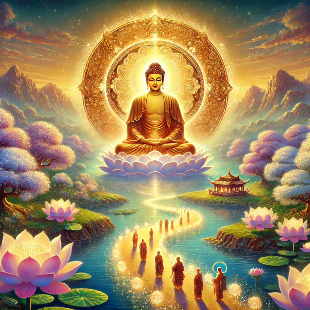 serene and inspiring oil painting representing Faith (信), Vow (愿), and Practice (行) in Pure Land Buddhism