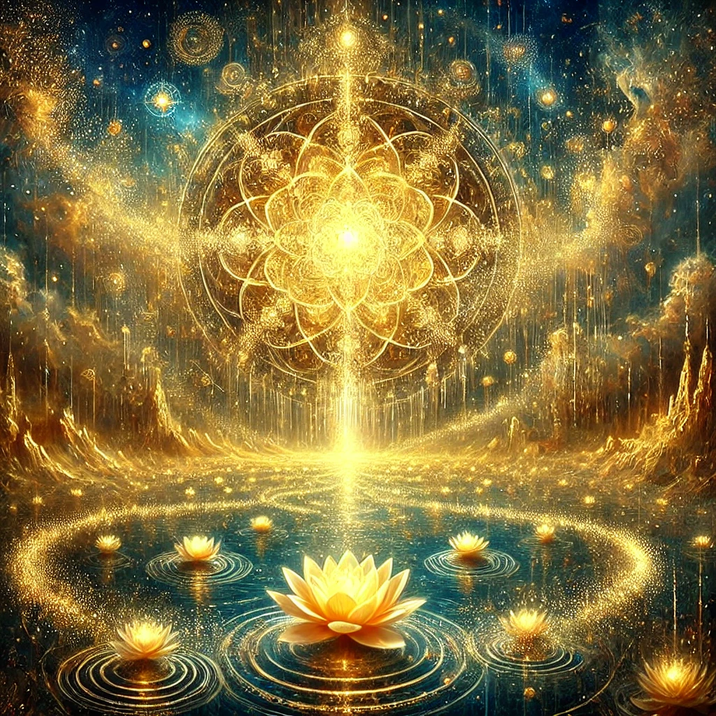 A luminous golden lotus floating on rippling water beneath a radiant mandala of light, symbolizing the cosmic law of karma, transformation, and spiritual awakening.