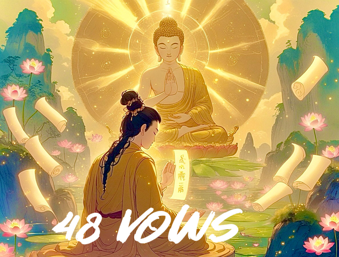 Dharmakara Bodhisattva vows before Amitabha Buddha, surrounded by floating scrolls symbolizing the 48 Vows of Amitabha, in a serene Pure Land setting.