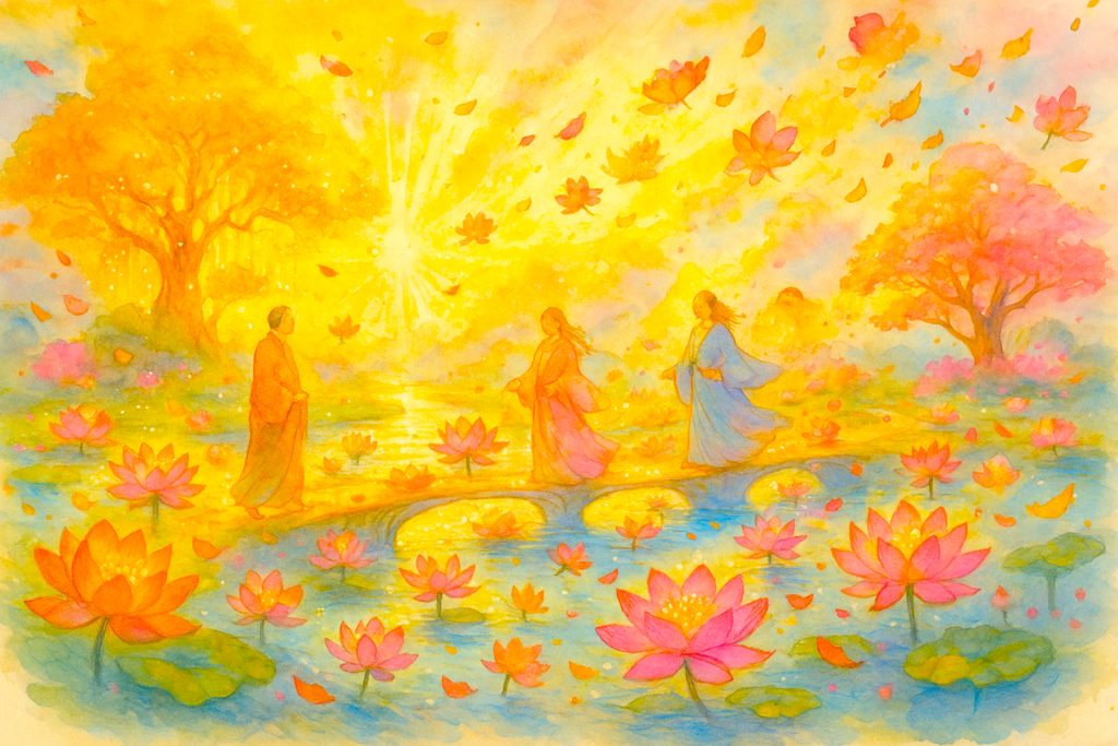 Watercolor of Amitabha’s Pure Land with golden light, floating lotuses, joyful beings, and radiant flowers drifting through the sky.