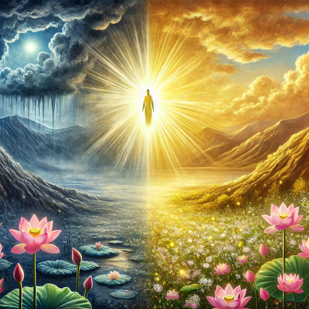 A luminous figure rises from a dark, stormy landscape into a radiant Pure Land filled with lotuses, symbolizing Amitabha’s guidance from suffering to liberation.