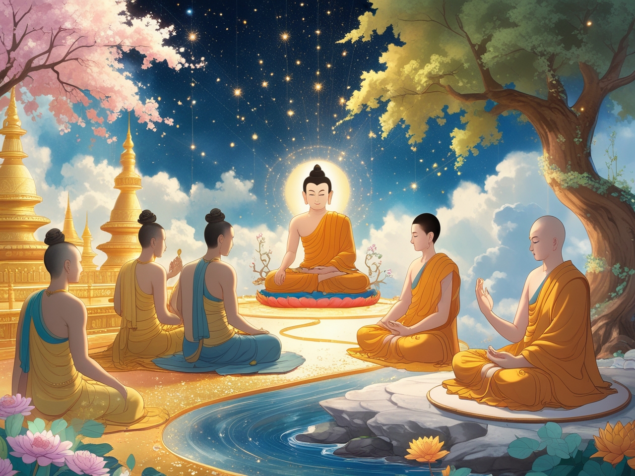 Shakyamuni Buddha biography illustrated in a single panoramic scene—from royal life to enlightenment, teaching, and Parinirvana—in soft spiritual tones.