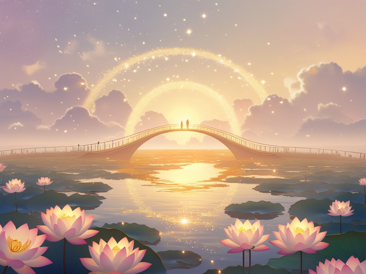 Surreal Pure Land scene with golden lotus field, glowing bridge, and people walking toward light, symbolizing karma and spiritual transformation.
