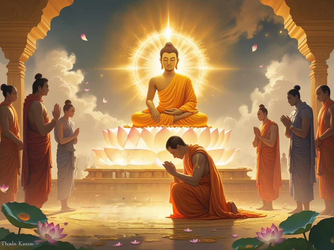 A spiritual painting of Dharmakara kneeling before a radiant Buddha, symbolizing his aspiration for enlightenment.