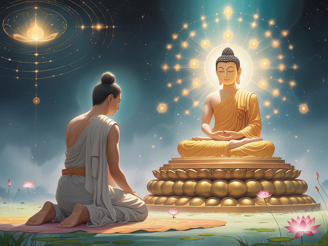 Diligent Practice of Dharmakara as he kneels before the Buddha, receiving teachings to guide the creation of the Pure Land.