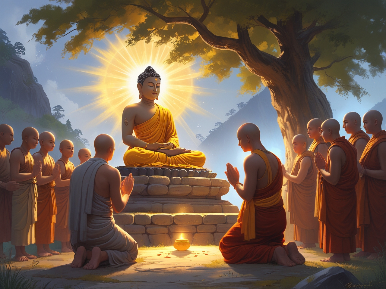 The Buddha radiates golden light at Vulture Peak as Ananda kneels in reverence, marking the origin of Amitabha teaching.