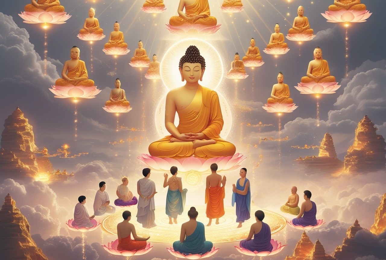 Sixteen Bodhisattvas radiating light before Buddha, guiding sentient beings to liberation across all realms