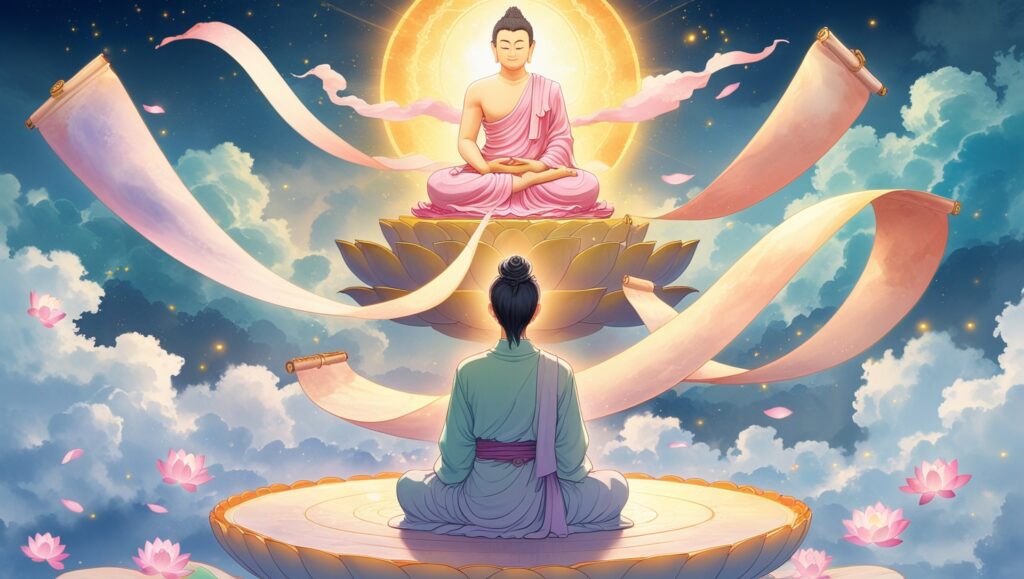 A meditating figure sits on a floating lotus platform under Amitabha Buddha, surrounded by glowing scrolls representing Pure Land Buddhism Courses.