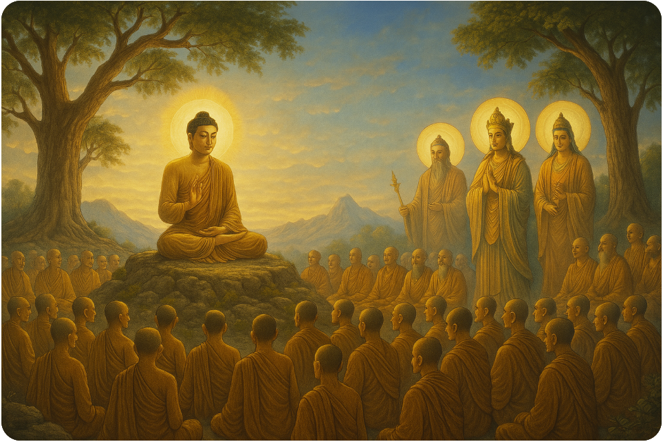 A sacred assembly of enlightened monks and Bodhisattvas gathered around the Buddha at Vulture Peak, from the Infinite Life Sutra.