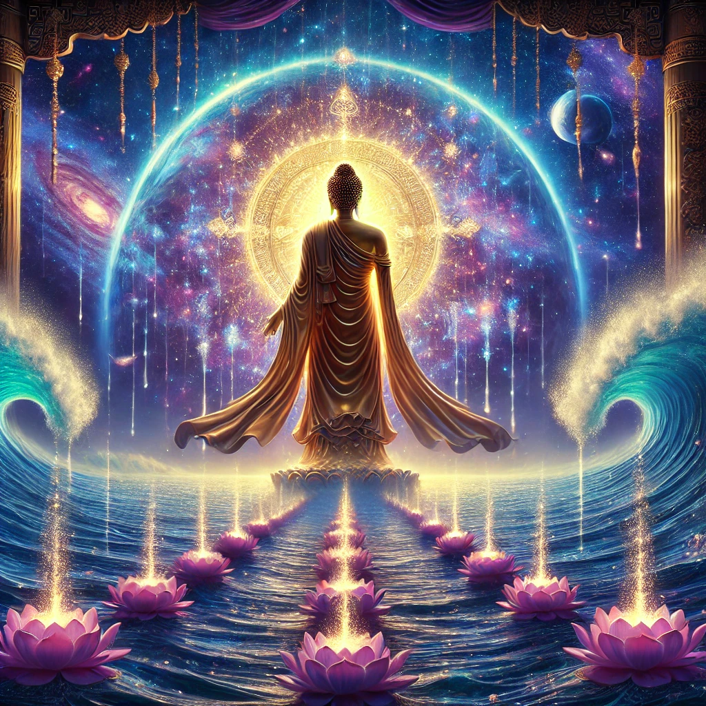 Dharmakara Bodhisattva, the past life of Amitabha, vows to create a Pure Land for all beings after witnessing countless Buddha realms.