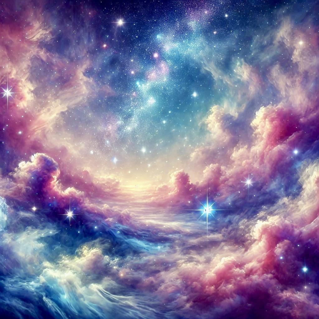 Surreal cosmic sky with radiant clouds and stars, symbolizing the unseen blessings of hidden virtue and the expansive power of selfless karma.