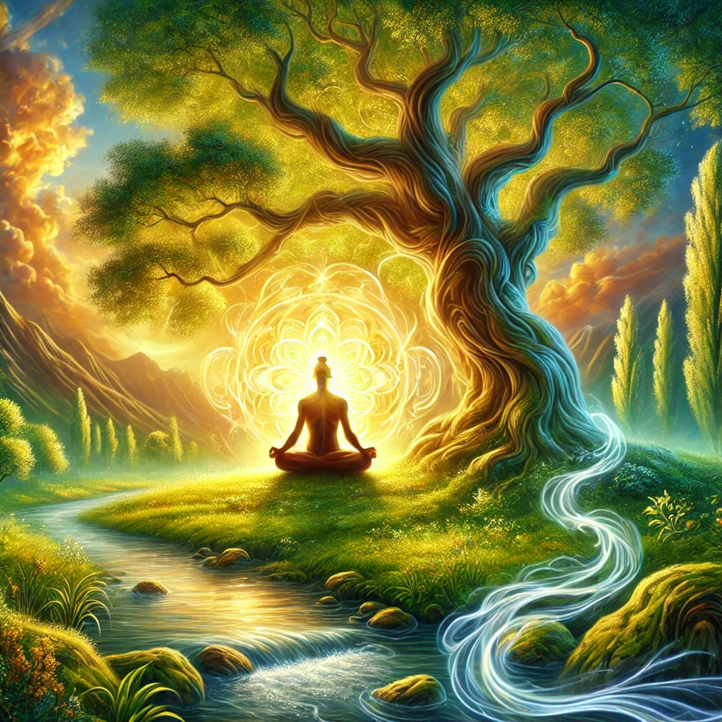 A serene figure meditates beneath a glowing tree surrounded by golden light, symbolizing natural longevity, peace, and vitality through Buddhist wisdom.