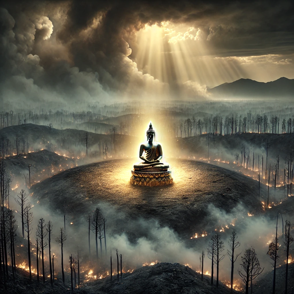 Buddha statue survives wildfire in California, glowing with golden light amidst scorched earth and smoky forest—symbolizing Buddhist miracles and divine protection.
